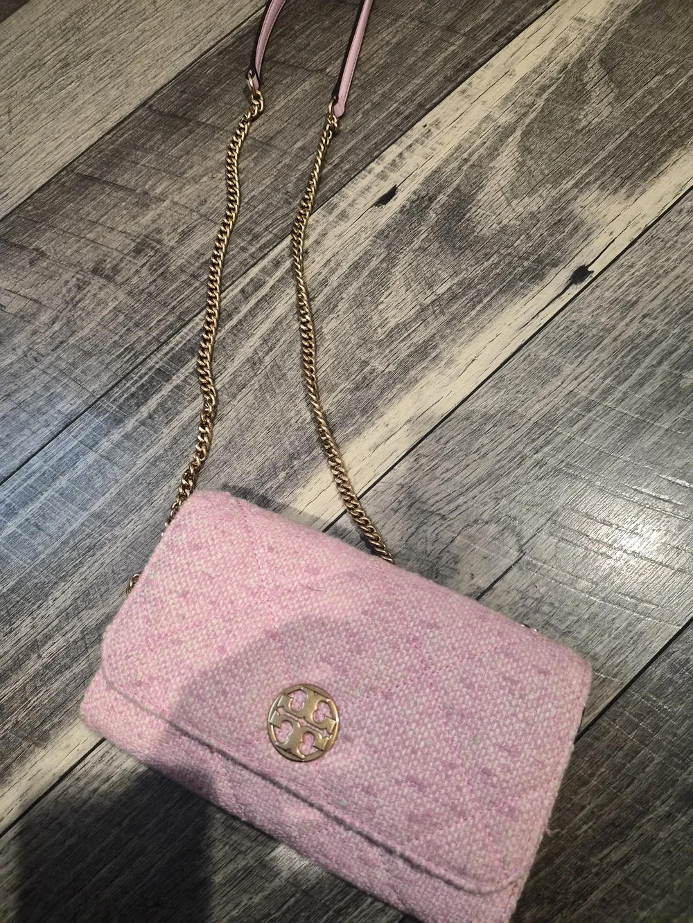 Tory Burch Pink Quilted Tweed Crossbody Bag with Gold Logo